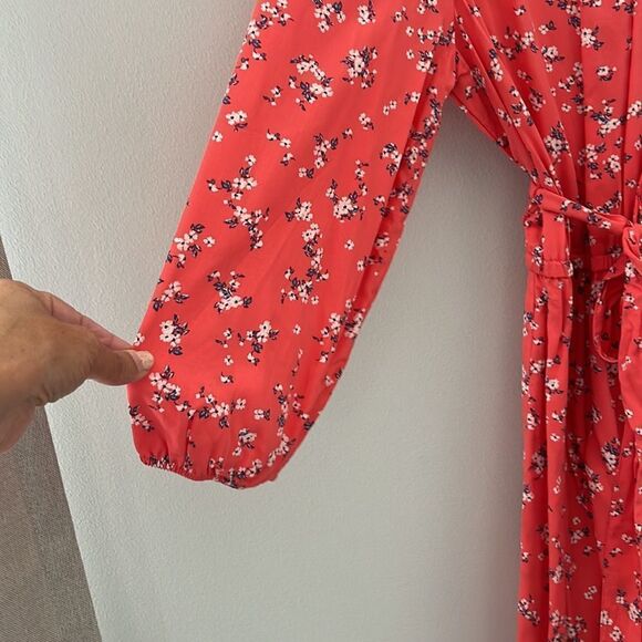 NWT GAP FACTORY BELTED DRESS Size‎ 8 Coral Floral print. Rayon Long Sleeve - Picture 3 of 8